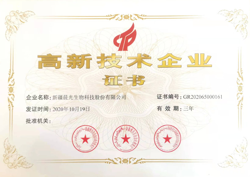 Xinjiang Chenguang High tech Enterprise Certificate (2020)